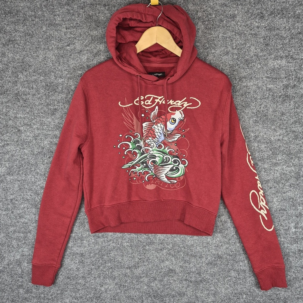 Ed Hardy Women's Retro Koi Fish Graphic Maroon Crop Hoodie Size M Y2K